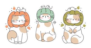 disegnare divertente gatti posti a sedere nel un' zucche kawaii gatto con zucca per ringraziamento e autunno autunno vettore illustrazione gatto personaggio collezione. scarabocchio cartone animato stile.