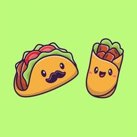 carino taco e burrito cibo cartone animato vettore icona illustrazione. veloce cibo personaggio icona concetto isolato premio vettore. piatto cartone animato stile