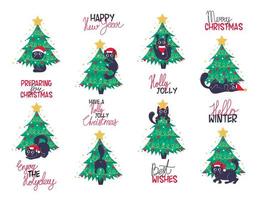 fascio di divertente kawaii gatti giocando e arrampicata un' decorato Natale alberi e nuovo anno slogan lettering nel piatto stile isolato su bianca sfondo vettore