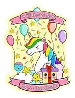 contento compleanno congratulazione carta con unicorno e kavaii dolci, vettore illustrazione