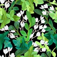 modello senza cuciture di primavera fresca disegnata a mano. sfondo floreale con foglie verdi, piante succulente e fiori di giglio bianco. illustrazione vettoriale. vettore