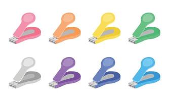 impostato di multicolore bambino chiodo clipper clipart. semplice carino chiodo trimmer per taglio bambino Chiodi piatto vettore illustrazione isolato su bianca. colorato chiodo clipper cartone animato stile icona. bambini, bambino doccia