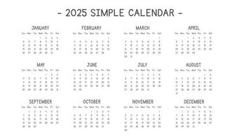 2025 calendario nel semplice stile vettore illustrazione. semplice classico mensile calendario design per 2025 nel un' pulito cartone animato font. il settimana inizia domenica. minimalista calendario progettista anno 2025 modello Stampa