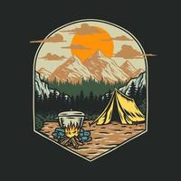campeggio nel un' foresta, mano disegnato linea stile con digitale colore vettore illustrazione