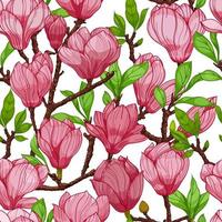 rosa fiorire magnolia fiori, senza soluzione di continuità modello. mano disegnato illustrazione vettore