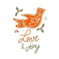 Natale cartello - amore e gioia con carino uccello Pan di zenzero. vettore inverno citazione nel accogliente stile.