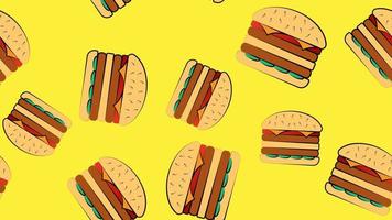 modello di hamburger su un' giallo luminosa sfondo, vettore illustrazione. delizioso veloce cibo. decorazione di veloce cibo ristorante arredamento. succoso Riempimento con carne e formaggio. Doppio hamburger