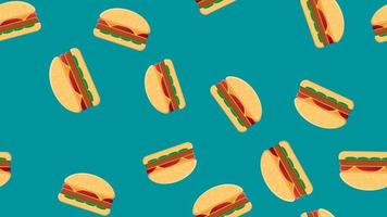 modello di hamburger su un' blu sfondo, vettore illustrazione. delizioso veloce cibo. decorazione di cucina arredamento. colorato hamburger con succoso Riempimento di carne, erbe aromatiche e formaggio per veloce cibo