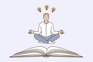 avendo creativo attività commerciale idea concetto. giovane caucasico positivo calma uomo d'affari cartone animato personaggio seduta su pavimento Meditare con grande idee nel testa e leggero bulbi sopra vettore illustrazione