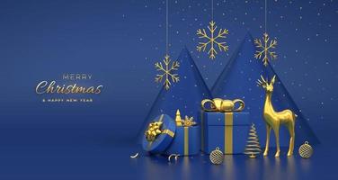 Natale striscione. composizione a partire dal regalo scatole, oro cervo, splendente showflakes e sfera, d'oro metallico abete rosso alberi. nuovo anno cono forma alberi. natale sfondo, saluto carta. vettore 3d illustrazione.