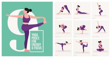 yoga pose per energia e messa a fuoco. giovane donna praticante yoga posa. donna allenarsi fitness, aerobico e esercizi. vettore illustrazione.