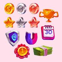 gioco icone cartone animato monete, stelle, tazza e i soldi vettore