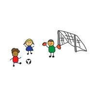 illustrazione vettore grafico bambini disegno stile divertente bambini giocando calcio nel un' cartone animato stile.