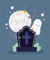 felice halloween, fantasma, pietra tombale, pipistrelli e luna vettore