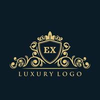 lettera ex logo con lusso oro scudo. eleganza logo vettore modello.