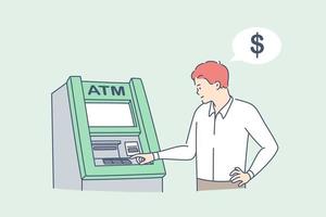 revoca i soldi su ATM concetto. giovane uomo in piedi entrata Codice PIN su ATM macchina per ottenere i soldi denaro contante vettore illustrazione