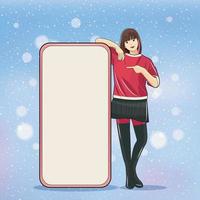 pubblicità Natale concetto. giovane ragazza puntamento in direzione sinistra con grande cellula Telefono vettore illustrazione gratuito Scarica