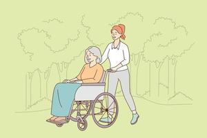 assunzione cura di Disabilitato anziano persone concetto. giovane sorridente signora andando e equitazione positivo maturo donna su sedia a rotelle Disabilitato persona all'aperto su estate giorno vettore illustrazione