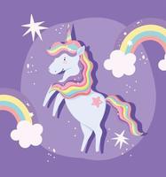 unicorno magico con arcobaleni ed elementi celesti vettore