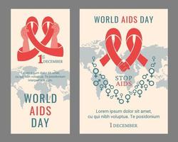 mondo AIDS giorno manifesto, volantino. persone Tenere rosso nastro come simbolo di il AIDS controllo. supporto per hiv infetto le persone. mondo carta geografica con Genere segni, scritta. vettore illustrazione