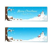 carino Natale sfondo bandiera con pupazzo di neve sorridente felicemente al di fuori e minuscolo case coperto con neve vettore illustrazione. allegro Natale e contento nuovo anno saluto carta, striscione, manifesto.