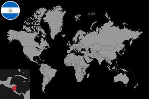 mappa pin con bandiera nicaragua sulla mappa del mondo. illustrazione vettoriale. vettore