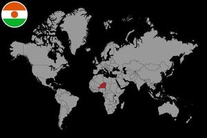 mappa pin con bandiera niger sulla mappa del mondo. illustrazione vettoriale. vettore