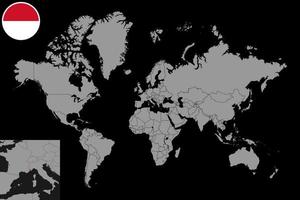 mappa pin con bandiera monaco sulla mappa del mondo. illustrazione vettoriale. vettore