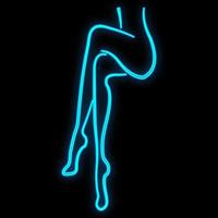 luminosa luminoso blu neon cartello per un' bar di un' bellezza salone bellissimo brillante bellezza terme con un' seduta donna con un' sottile figura e gambe su un' nero sfondo. vettore illustrazione