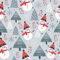 Natale senza soluzione di continuità modello con carino pupazzo di neve e Natale albero inverno vettore