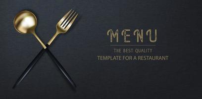 realistico 3d d'oro forchetta e cucchiaio su un' nero grunge sfondo. alla moda moderno manifesto per un' ristorante. superiore Visualizza vettore illustrazione.