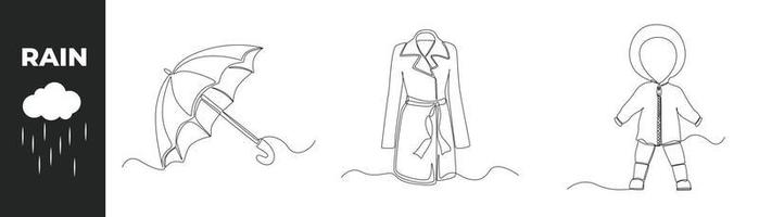 continuo uno linea disegno monsone stagione attrezzatura impostato concetto. ombrello e pioggia cappotto costume. singolo linea disegnare design vettore grafico illustrazione.