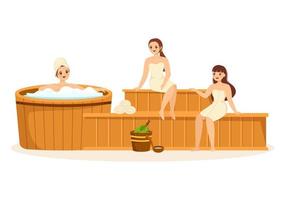 sauna e vapore camera con persone relax, lavaggio loro corpi, vapore o godendo tempo nel piatto cartone animato mano disegnato modelli illustrazione vettore