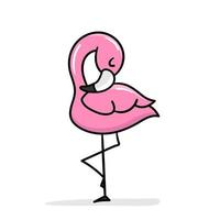 carino cartone animato fenicottero in piedi su uno gamba. un' divertente rosa fenicottero addormentato e rilassante. vettore clip arte illustrazione. disegnato a mano semplice stile.
