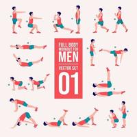 allenarsi uomini impostare. maschio fare fitness e yoga esercizi. affondi e squat, tavola e abc. pieno corpo allenamento. vettore