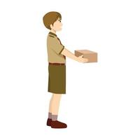 contento giovane esploratore ragazzo Tenere scatola per regalo o presente consegna posta pacchetto. piatto vettore illustrazione isolato su bianca sfondo