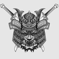 mano disegnato giapponese design samurai tigre casco cavaliere testa opera d'arte nero e bianca vettore