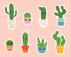 carino adesivi con cactus pianta nel pentole con carino facce. interno impianti nel un' piatto stile. vettore illustrazione impostare.