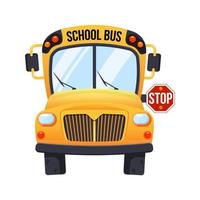 giallo scuola autobus isolato su bianca sfondo, cartone animato design icona indietro per scuola concetto con fermare cartello vettore