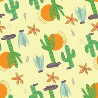 cactus nel il deserto tramonto senza soluzione di continuità modello, cartone animato cactus nel piatto stile, scarabocchio illustrazione mano disegno vettore