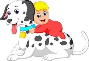 un' carino bambino è giocando e Tenere il grande bianca cane vettore