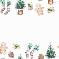 acquerello confine Natale senza soluzione di continuità telaio carta con Natale albero, pan di zenzero, regali e calzini vettore