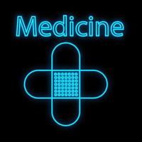 luminosa luminoso blu medico digitale neon cartello per un' farmacia o ospedale memorizzare bellissimo brillante con cerotti e il iscrizione medicina su un' nero sfondo. vettore illustrazione