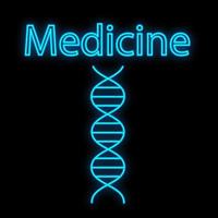 luminosa luminoso blu medico digitale neon cartello per un' farmacia o ospedale memorizzare bellissimo brillante con un' dna molecola spirale e il iscrizione medicina su un' nero sfondo. vettore illustrazione