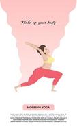 vettore illustrazione con yoga e salutare stile di vita gli sport e corpo positivo concetto.giovane contento asiatico sovradimensionato donna nel yoga posizione. per mobile App pagina o sito web bandiera yoga classi