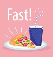 Fast food. pizza e soda, ristorante con menu malsano vettore