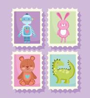giocattoli per bambini piccoli cartoni animati in francobolli vettore