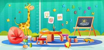 bambini stanza dei giochi con mobilia e giocattoli per bambini. scuola materna aula interno design cartone animato vettore