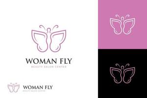 donna ala farfalla logo design. bellezza corpo femminile linea logo per corpo cura, salone e terme logo modello vettore