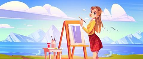 artista ragazza disegno bellissimo montagna paesaggio vettore